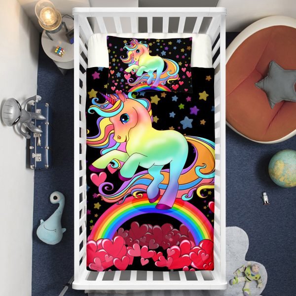 Black Hearts Rainbow Unicorn Crib Bedding Set