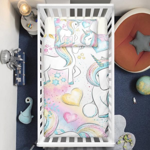 Colorful Rainbow Playing Unicorns Crib Bedding Set