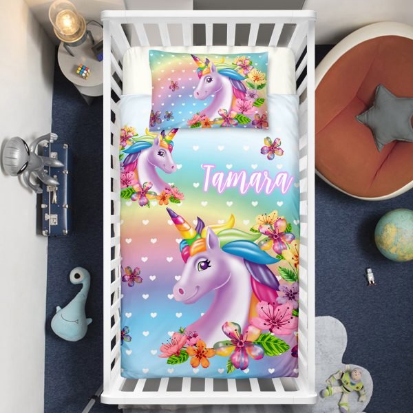 Personalized 3D Flowers Unicorn Crib Bedding Set