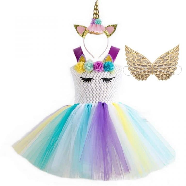 Flowers Unicorn Tutu Dress with Hair Band and Wings