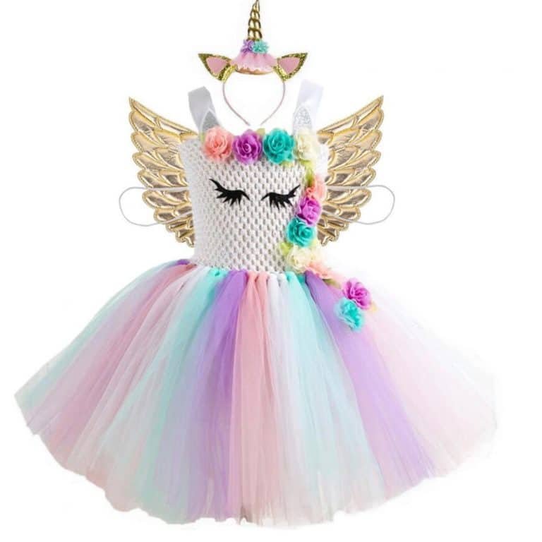 Flowers Unicorn Tutu Dress with Hair Band and Wings