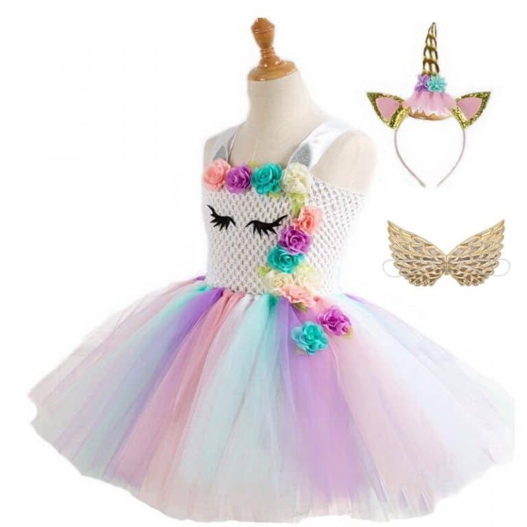 Flowers Unicorn Tutu Dress with Hair Band and Wings
