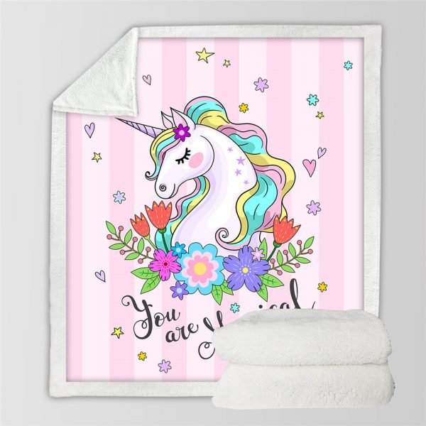 Flower Cute Unicorn Themed Sherpa Fleece Blanket