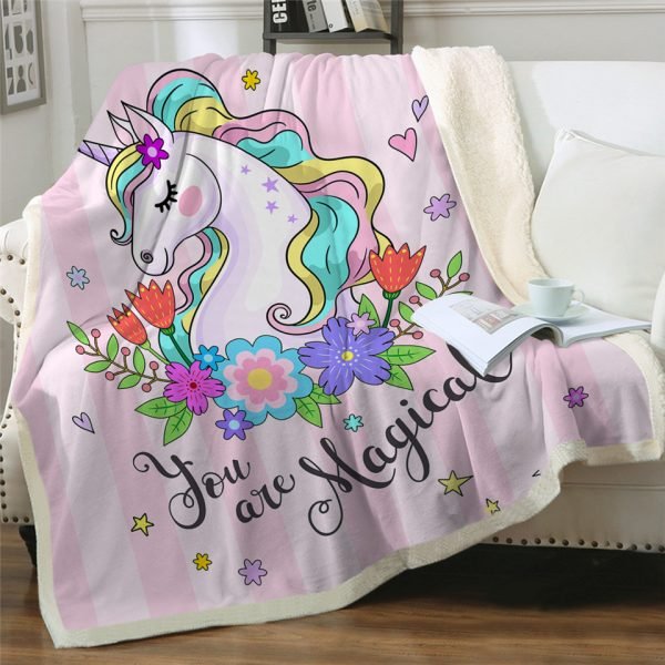 Flower Cute Unicorn Themed Sherpa Fleece Blanket