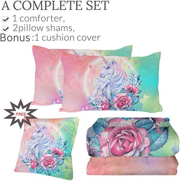 4 Pieces Rose Unicorn Comforter Set