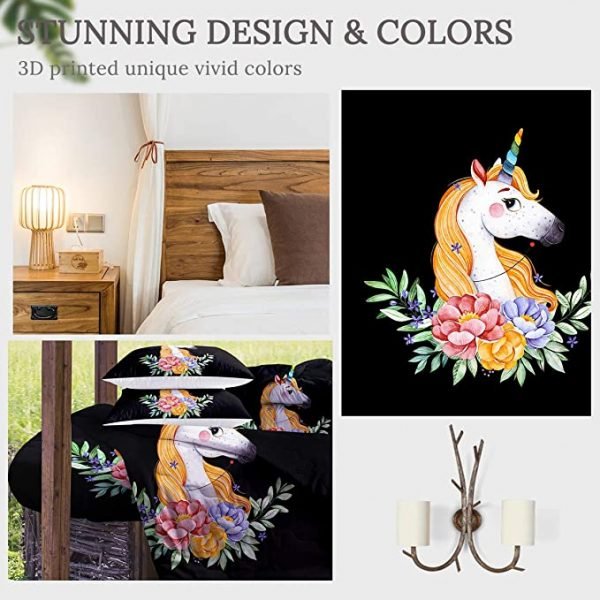 4 Pieces Floral Unicorn Comforter Set