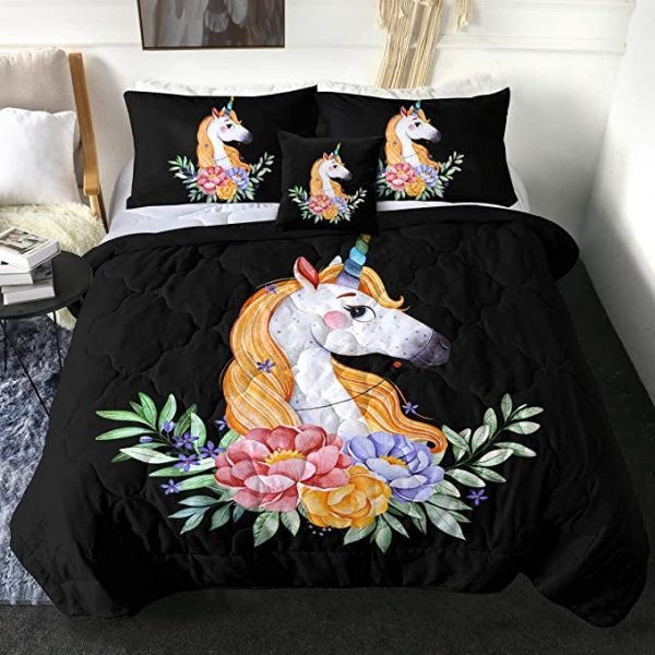 4 Pieces Floral Unicorn Comforter Set