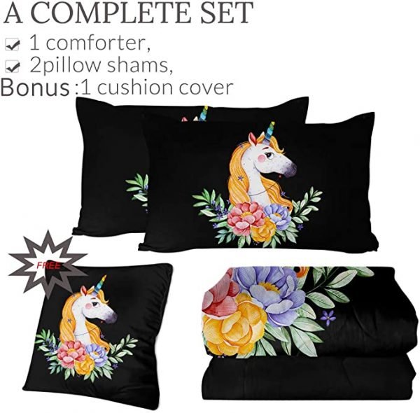 4 Pieces Floral Unicorn Comforter Set
