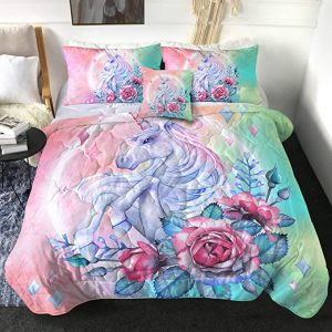 4 Pieces Rose Unicorn Comforter Set