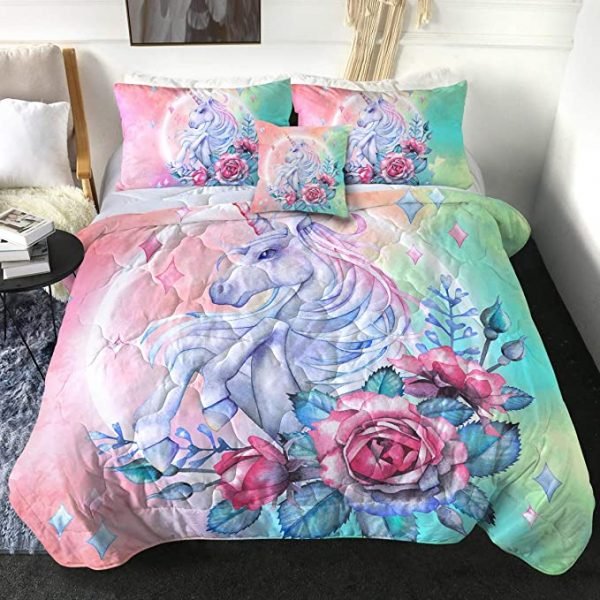 4 Pieces Rose Unicorn Comforter Set