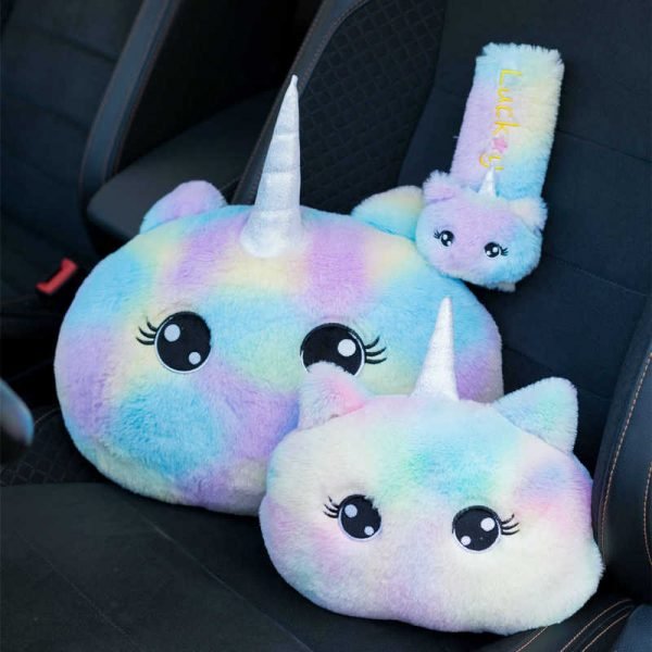 Rainbow Tie-dye Unicorn Car Headrest & Seat Belt Fluffy Pillow