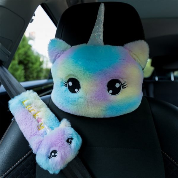 Rainbow Tie-dye Unicorn Car Headrest & Seat Belt Fluffy Pillow