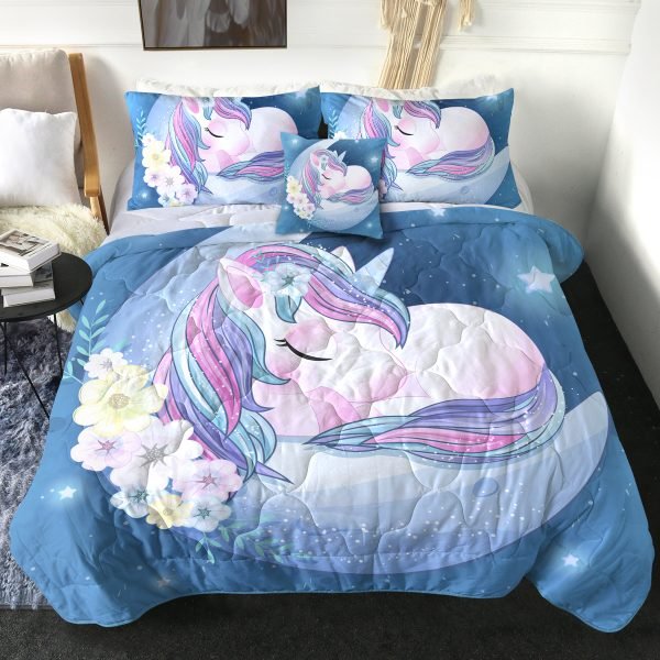 4 Pieces Blue Moon Unicorn Themed Comforter Set