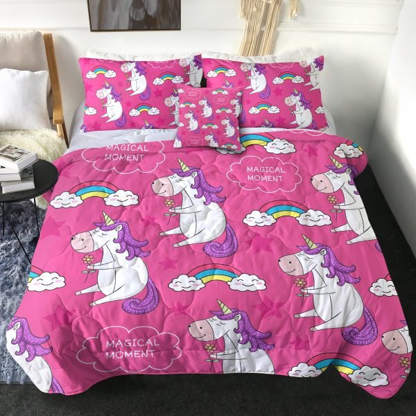 4 Pieces Pink Funny Unicorn Comforter Set