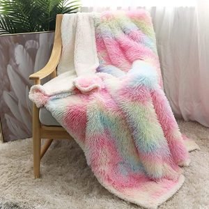 Rainbow Fleece Long Shaggy Decorative Throw Blanket for Bed Sofa Couch Soft Pink Bed Cover Sherpa Fuzzy Blankets and Plush Throws for Kids Adults Teens Girls Women