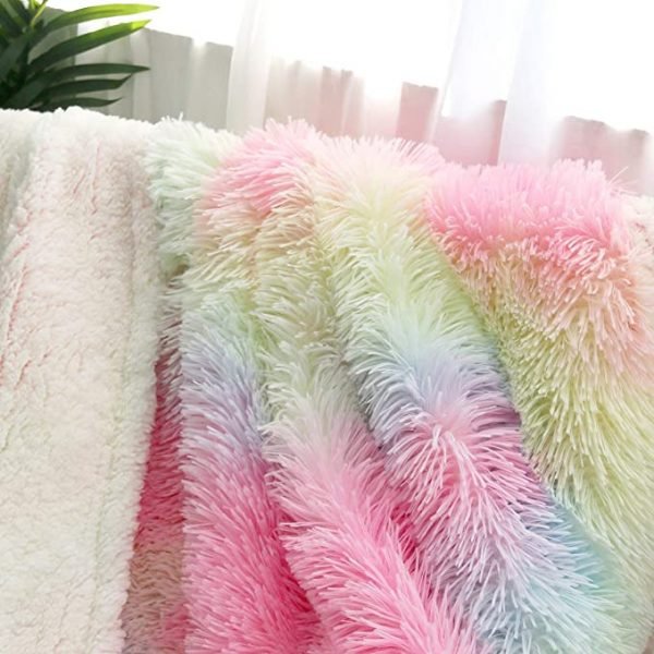 Rainbow Fleece Long Shaggy Decorative Throw Blanket for Bed Sofa Couch Soft Pink Bed Cover Sherpa Fuzzy Blankets and Plush Throws for Kids Adults Teens Girls Women