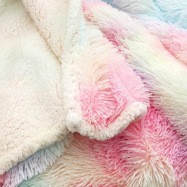 Rainbow Fleece Long Shaggy Decorative Throw Blanket for Bed Sofa Couch Soft Pink Bed Cover Sherpa Fuzzy Blankets and Plush Throws for Kids Adults Teens Girls Women